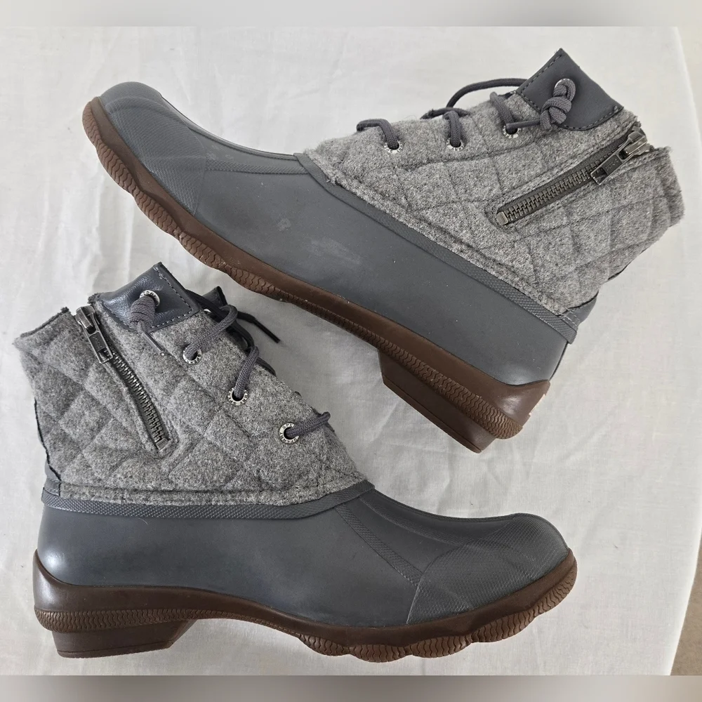Sperry Syren Gulf Wool Quilt Duck Boots Lace Up Gray Waterproof Rain, size 9M
